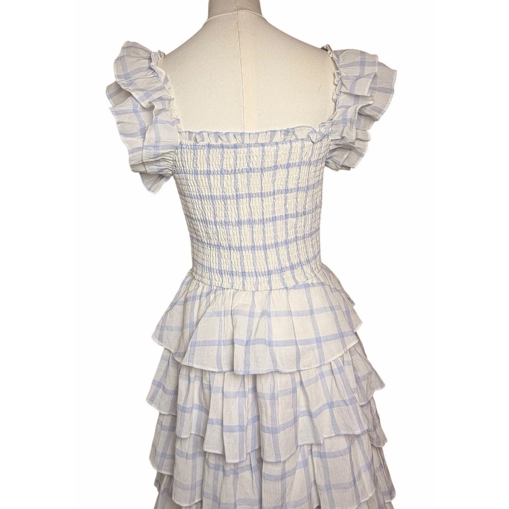 Storia Adelynn Ruffle Midi Dress S Blue White Plaid Smocked Cottagecore Prairie - Picture 7 of 11